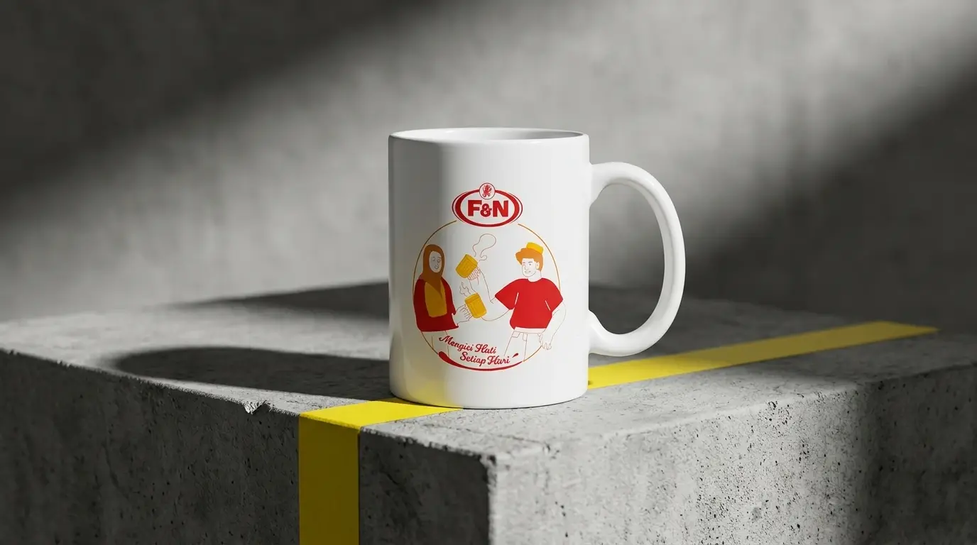 F&N branded ceramic mug with red family-illustration detail print, produced by SOS Station as a retail GWP