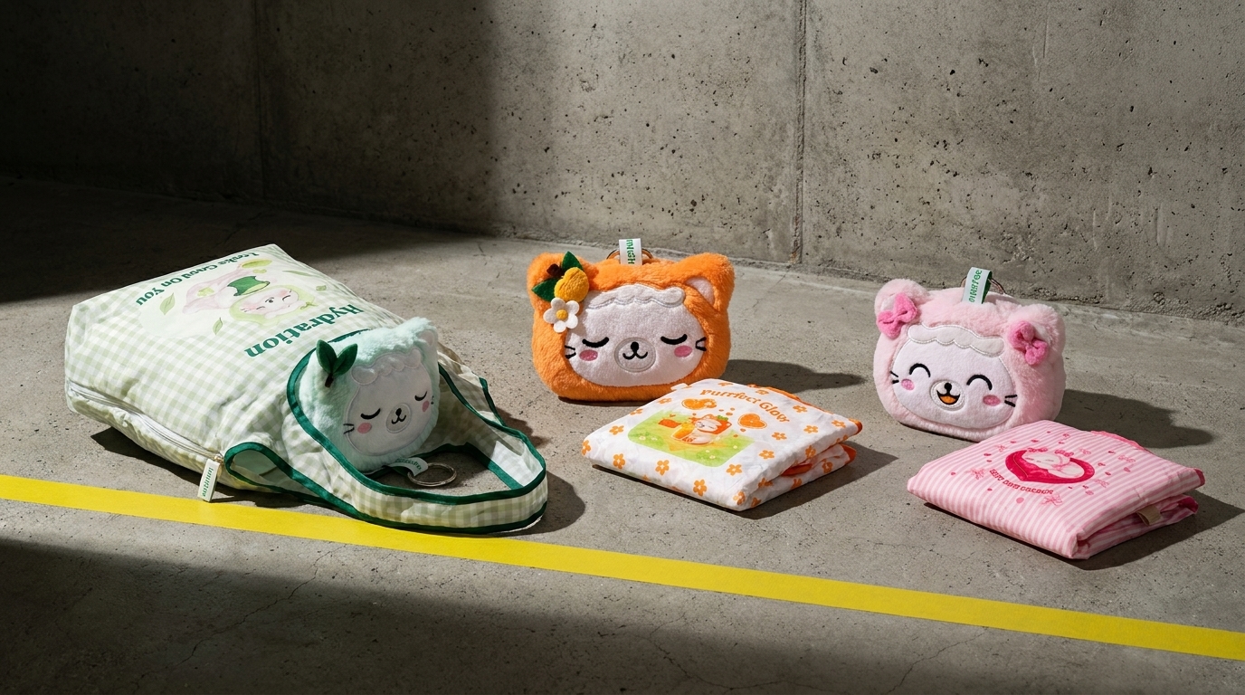 innisfree innimeow plush cat keychains in mint, orange and pink colourways with foldable totes, produced by SOS Station