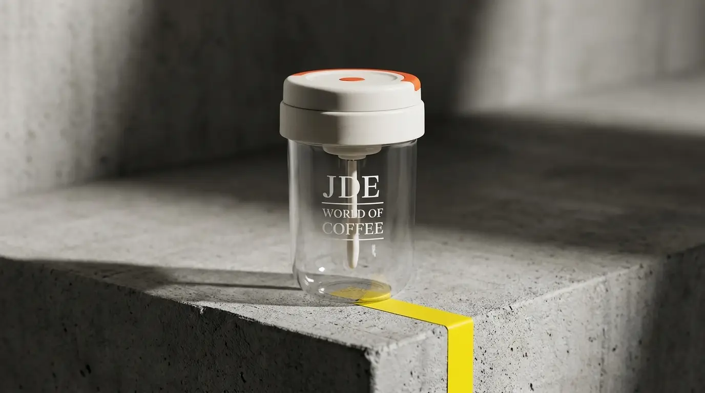 JDE electric self-stirring coffee tumbler with printed World of Coffee logo, sourced and branded by SOS Station