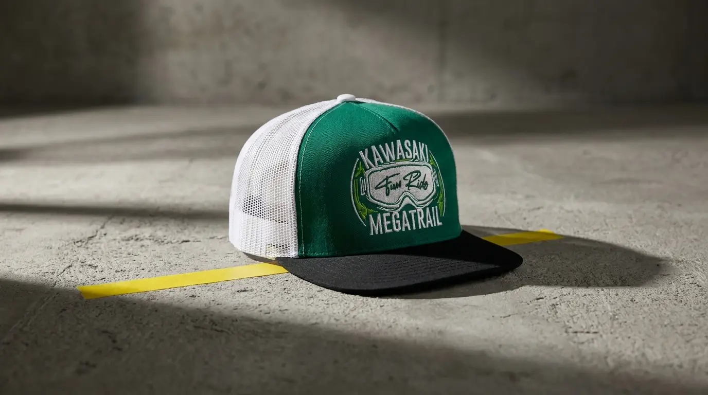 Kawasaki Megatrail green and white trucker cap with embroidered front logo, designed by SOS Station