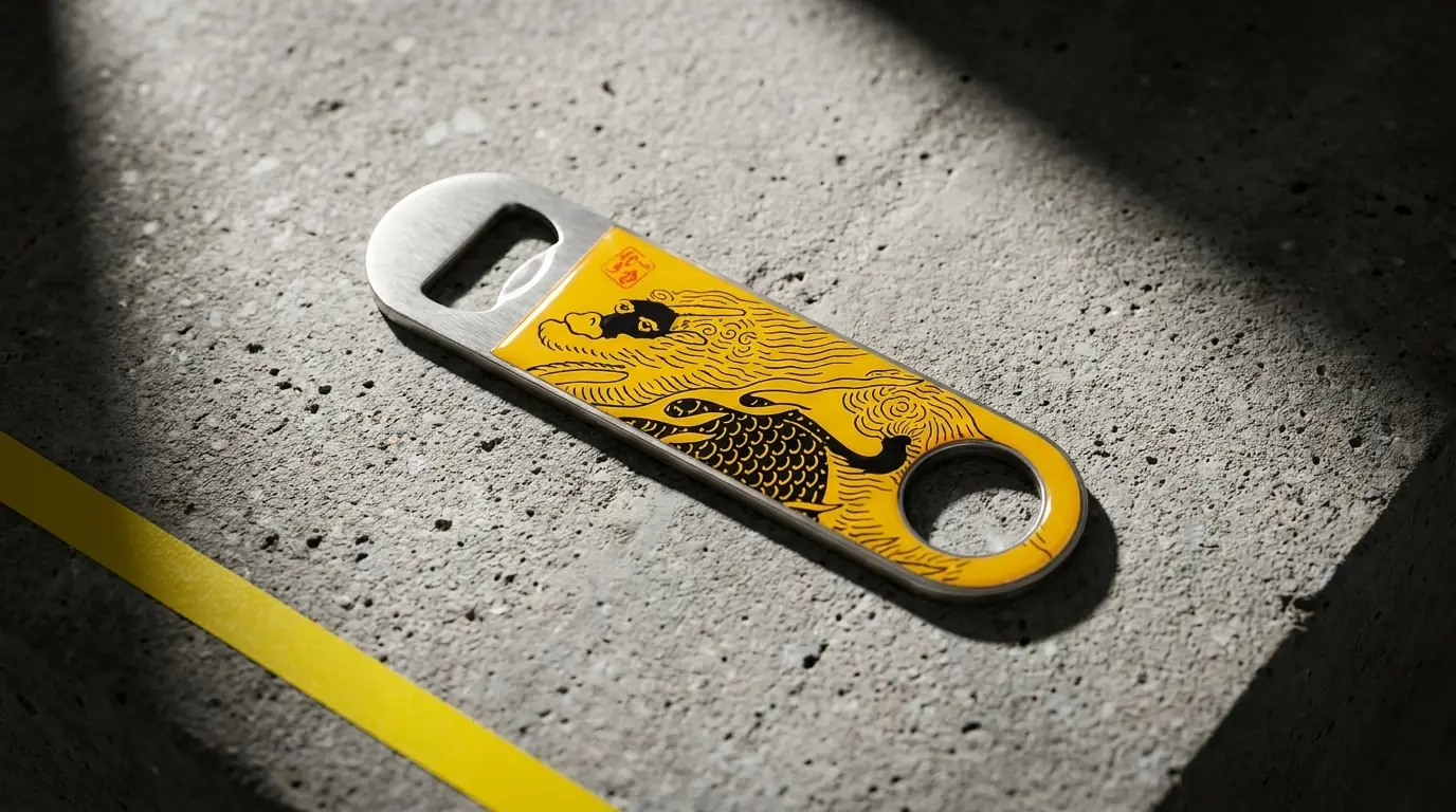 Custom Kirin Ichiban bottle opener — a brushed-metal bar blade with an epoxy 3D-look brand design, produced by SOS Station
