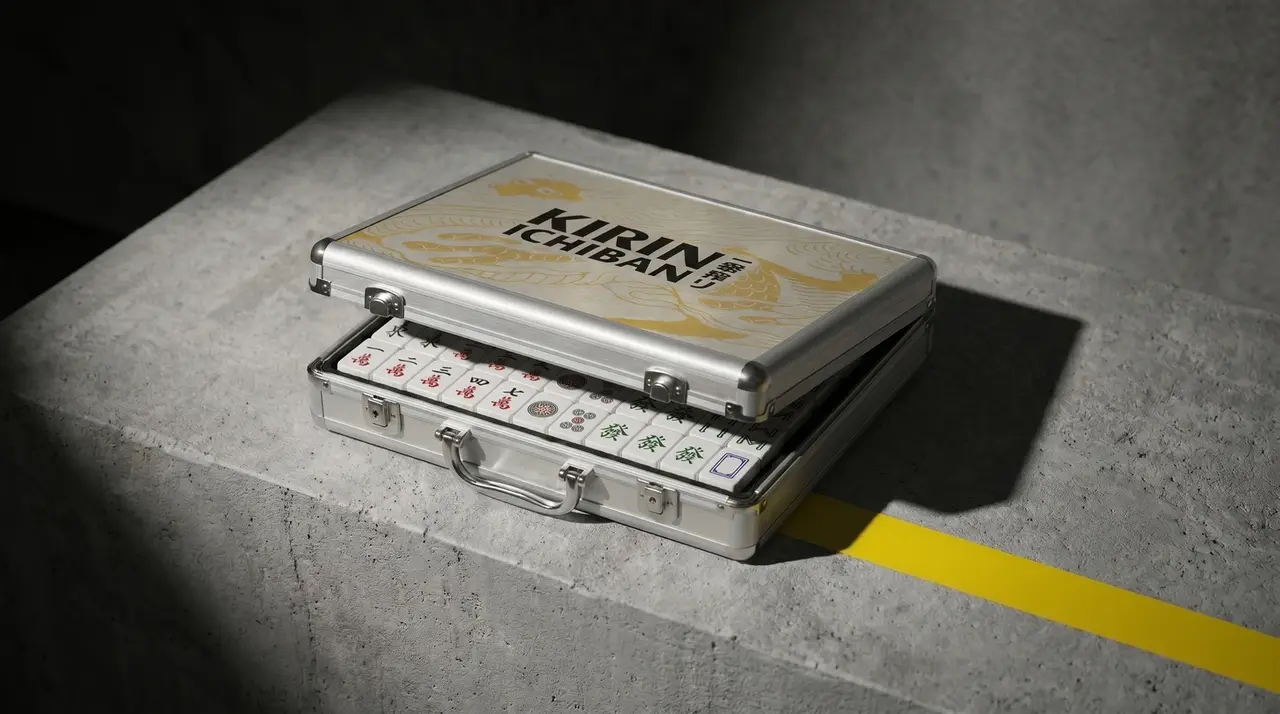 Custom Kirin Ichiban mahjong set in a UV-printed aluminium case with bespoke tiles, produced by SOS Station