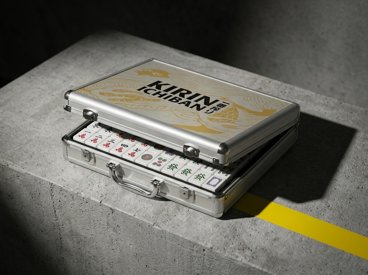Custom Kirin Ichiban mahjong set in a UV-printed aluminium case with bespoke tiles, produced by SOS Station
