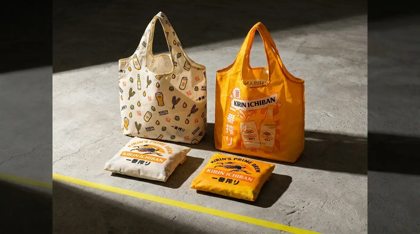 Custom-printed Kirin Ichiban foldable tote bag with an original all-over print, produced by SOS Station