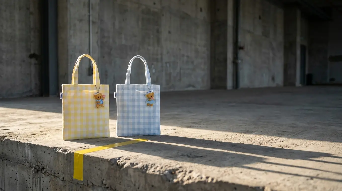 Kleenex gingham tote bags in two colourways with bear acrylic charms, produced by SOS Station