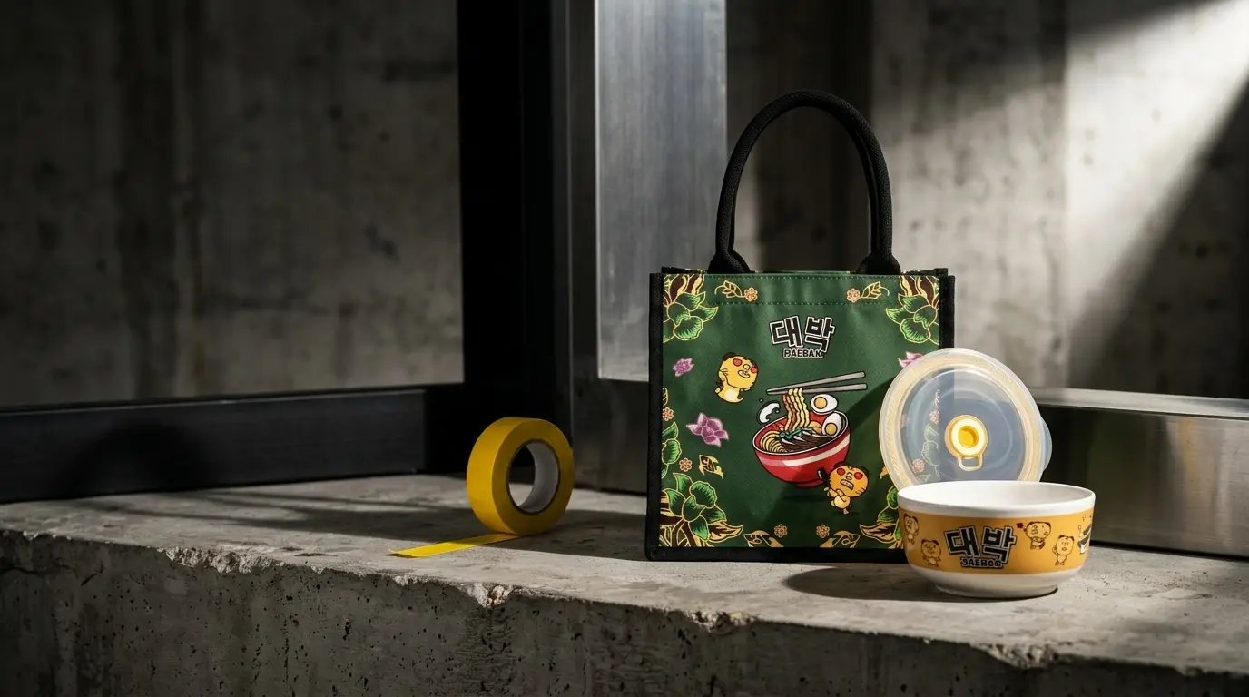 Custom Daebak ramyun bowl and matching tote-bag gift-with-purchase set produced for Mamee by SOS Station
