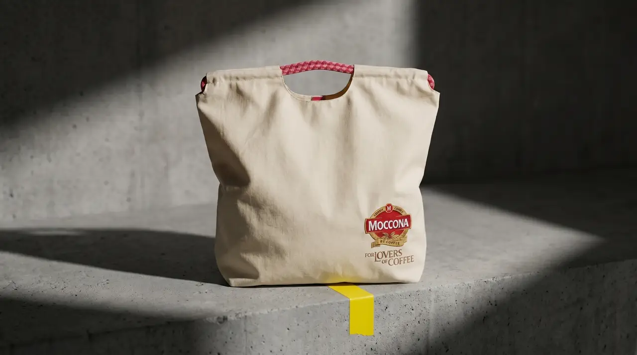 Custom Moccona Coffee tote bag with detailed embroidered logo, produced by SOS Station