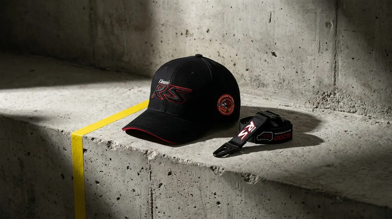 Perodua Kenari RS merchandise — embroidered cap and RS carabiner keychain, produced by SOS Station