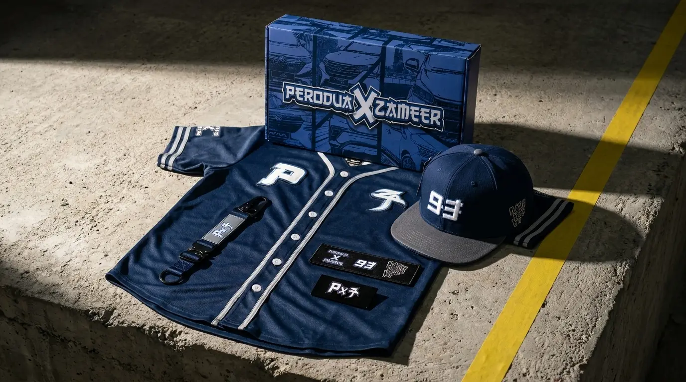 Perodua × Zameer limited-edition collaboration merchandise set — jersey, cap, keychain, pin and patch, produced by SOS Station