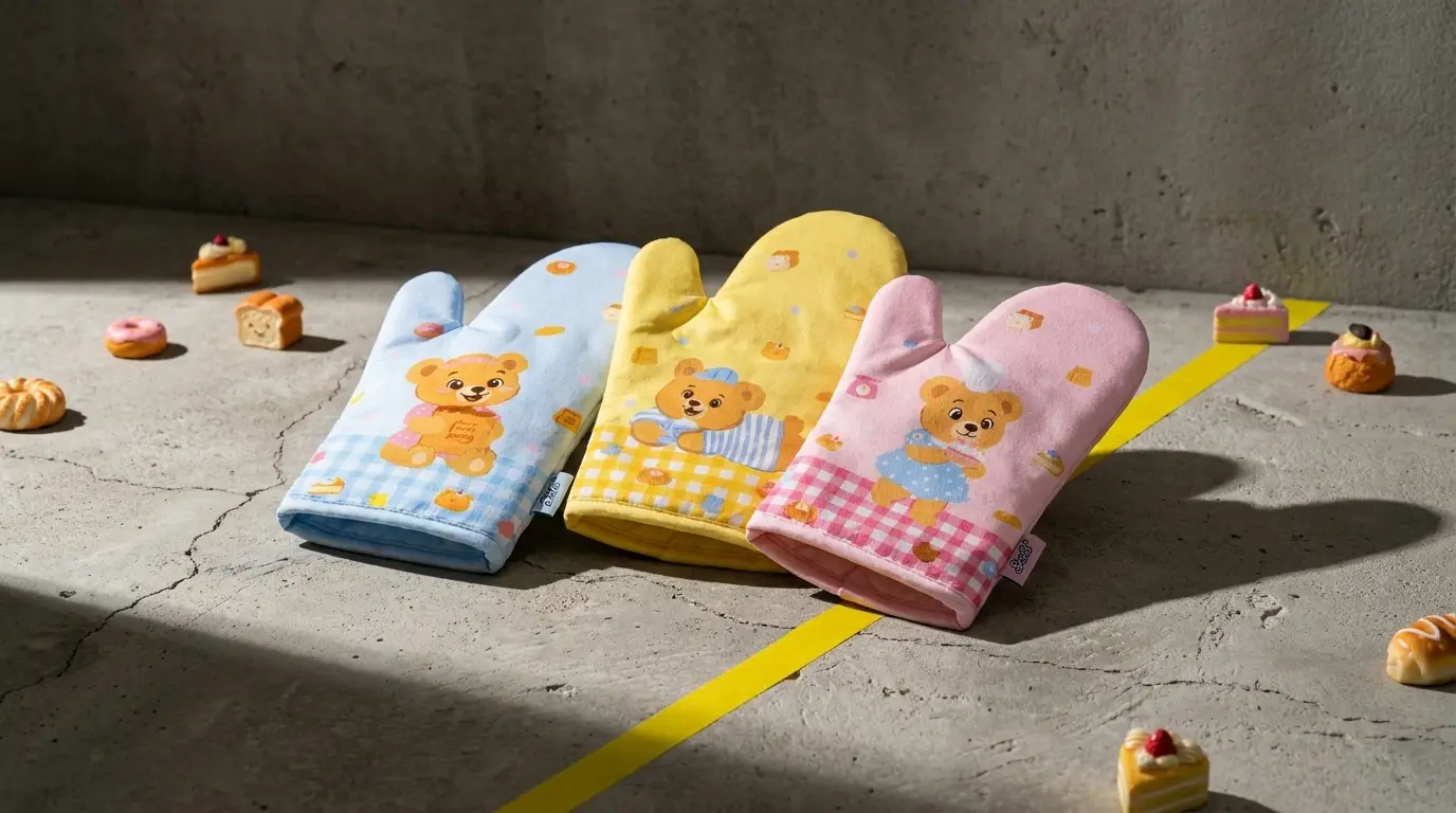 Kleenex bear oven mitts in blue, yellow and pink gingham colourways, produced by SOS Station