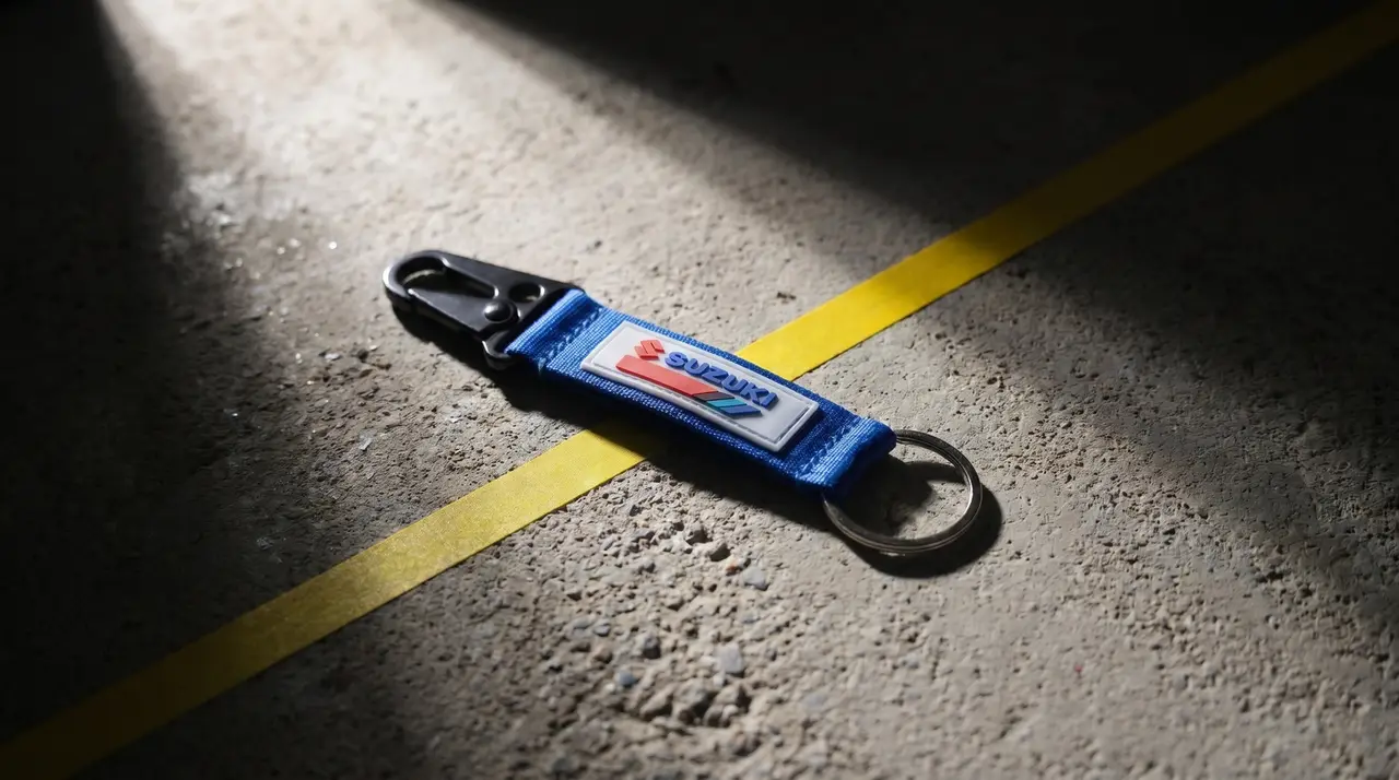 Suzuki nylon carabiner keychain with silicone patch, produced by SOS Station