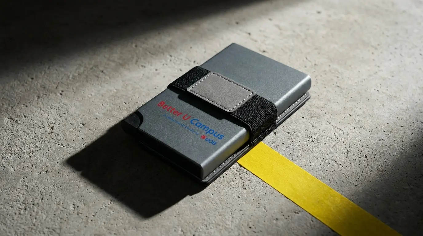Slim eco-friendly UOB card holder with an elastic strap, a corporate gift sourced and produced by SOS Station