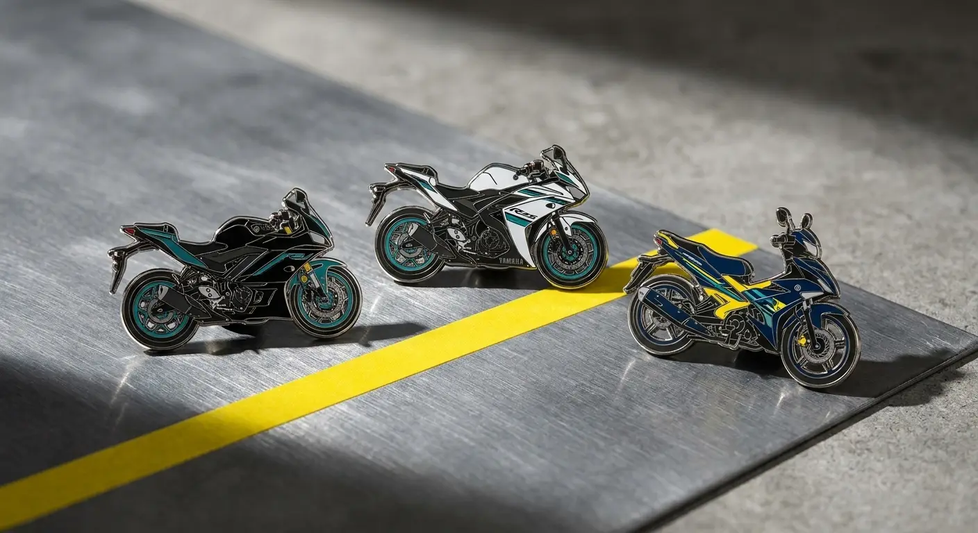 Yamaha Museum collectible enamel pins made from real bike visuals, produced by SOS Station